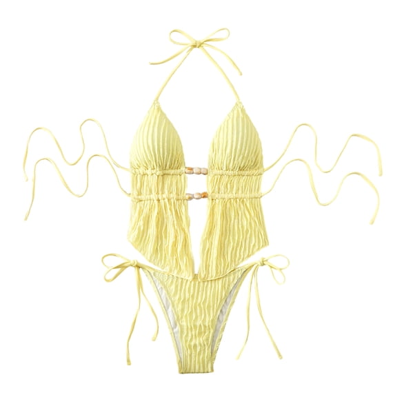 PRINxy Women Two Piece Textured Smocked Bikini Set Halter Tie Wood Bead Accent Side Tie Bottom Padded Bra Adjustable Straps Vacation Outfit Yellow L