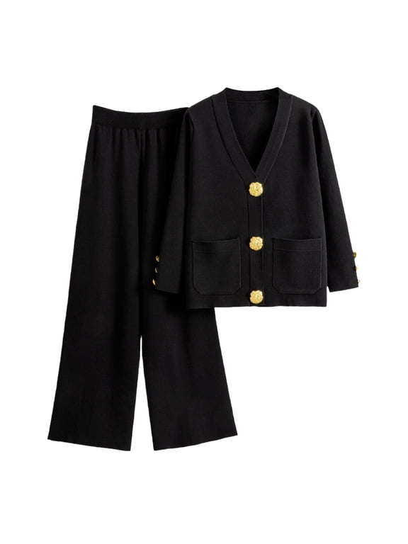Women Warm Knitted Two Piece Outfit Autumn Winter Soft Cardigan Coat Loose Wide Leg Pants Ladies Cozy Home Leisure Matching Suit Black Free Size
