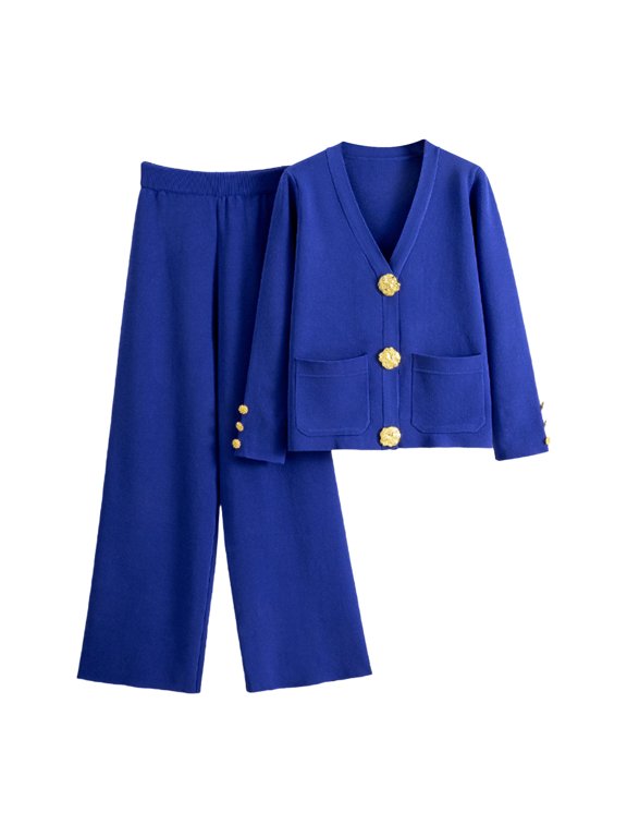 Women Warm Knitted Two Piece Outfit Autumn Winter Soft Cardigan Coat Loose Wide Leg Pants Ladies Cozy Home Leisure Matching Suit Blue Free Size