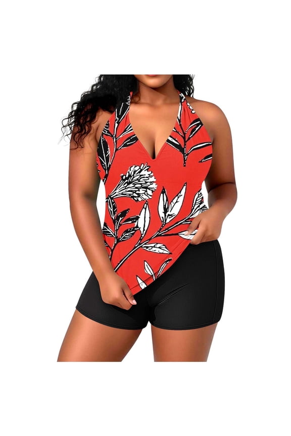 Women plus size loose modest tankini swimsuit halter v neck ruched hem boy bottoms padded bra coastal pool day look Red XXL