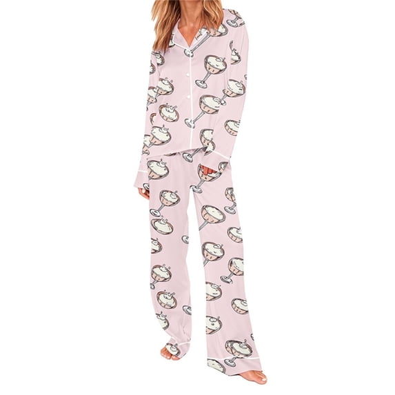 PRINxy Women's 2 Piece Printed Lapel Pajama Set, Long Sleeve Button Down Top with Long Pants, Soft Breathable All Season Casual Loungewear Sleepwear Pink XXL