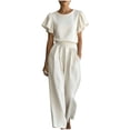 thumbnail image 1 of PRINxy Women's 2 Piece Solid Ruffle Lounge Set Crew Neck Short Sleeve Ruffle Trim Top and High Waist Wide Leg Pants Elegant Daily Wear White XL, 1 of 6