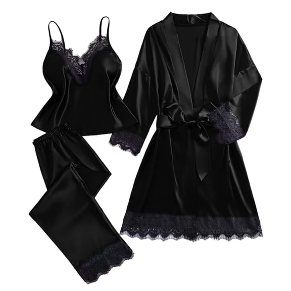 PRINxy Women's 3 Piece Pajama Sets Lace Accent Robe Nightdress Pants Sets Soft Comfy Sleepwear Set Lightweight Oversized Loungewear Sets Black M