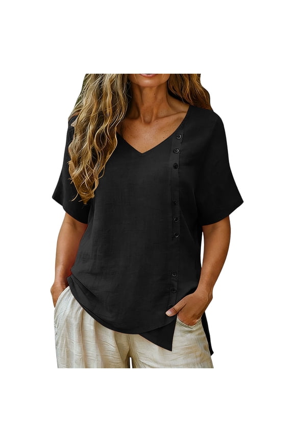 Women's Asymmetric Button Short Sleeve Linen Top Midnight Tone Solid Curved Hem Irregular Hem Casual Tunic Black S