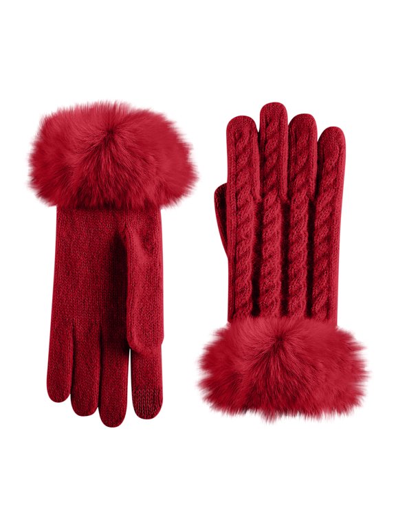 Women’s Cable Knit Winter Gloves, Fluffy Faux Fur Cuff Warm Accessory For Daily Cold Weather Outings Red