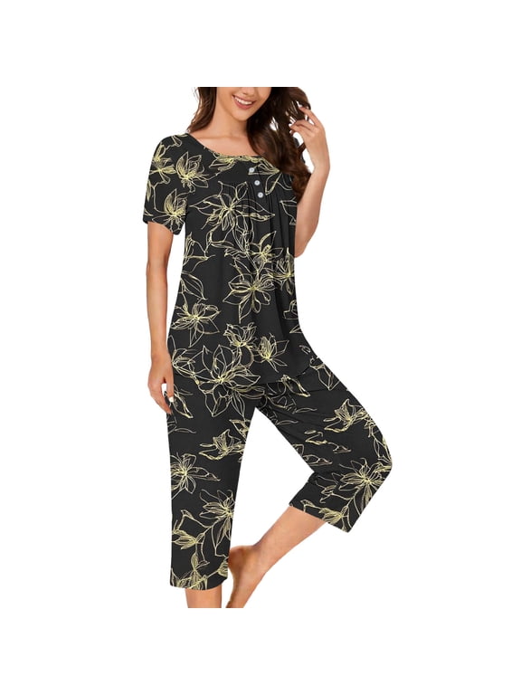 Women's Camo Print Pajama Set, Short Sleeve Button Top & Capri Pants, 2-Piece Casual Summer Loungewear Sleepwear with Pockets Black L