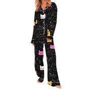 PRINxy Womens Cute Cartoon Cat Print 2 Piece Pajamas Set, Long Sleeve Lapel Top Wide Leg Pants Nightwear Loungewear, Cozy Sleepwear Black M