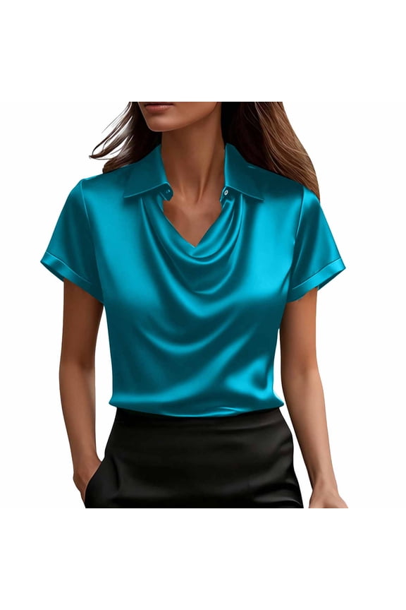 Women's Collared Cowl Neck Short Sleeve Blouse Midnight Tone Solid Satin Feel Work Top for Office Business Casual Daily Wear Sky Blue XXL