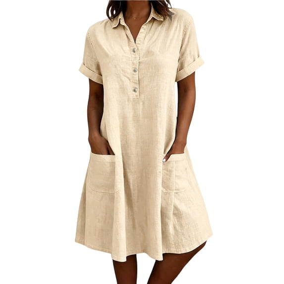 PRINxy Women's Collared Rolled Short Sleeve Half Button Shirt Dress with Front Pockets Loose Cotton Linen Midi Dress for Summer Daily Wear Beige L