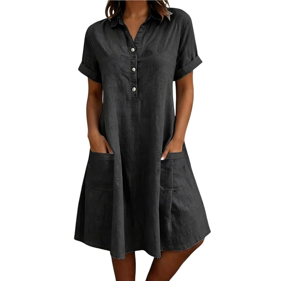 PRINxy Women's Collared Rolled Short Sleeve Half Button Shirt Dress with Front Pockets Loose Cotton Linen Midi Dress for Summer Daily Wear Black XL