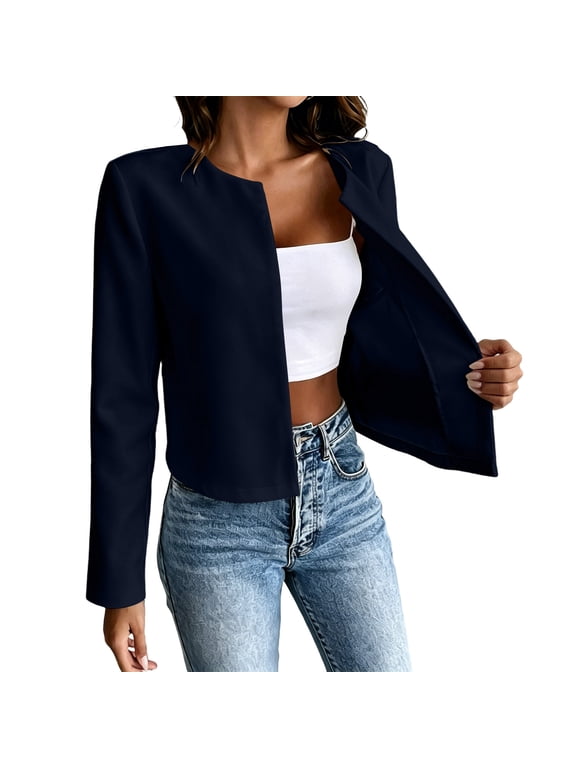 Women's Collarless Open Front Cropped Slim Fit Blazer Jacket With Long Sleeves Minimalist Outerwear For Casual Dinner Outings Navy M