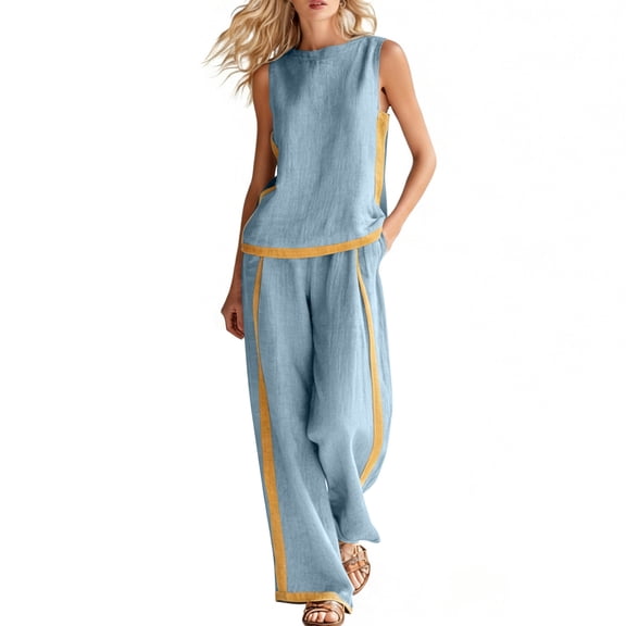 PRINxy Women's Color Block Casual 2 Piece Set, Crew Neck Short Sleeve Blouse Elastic Waist Pants with Functional Pockets Breathable Warm Weather Wear Light Blue S