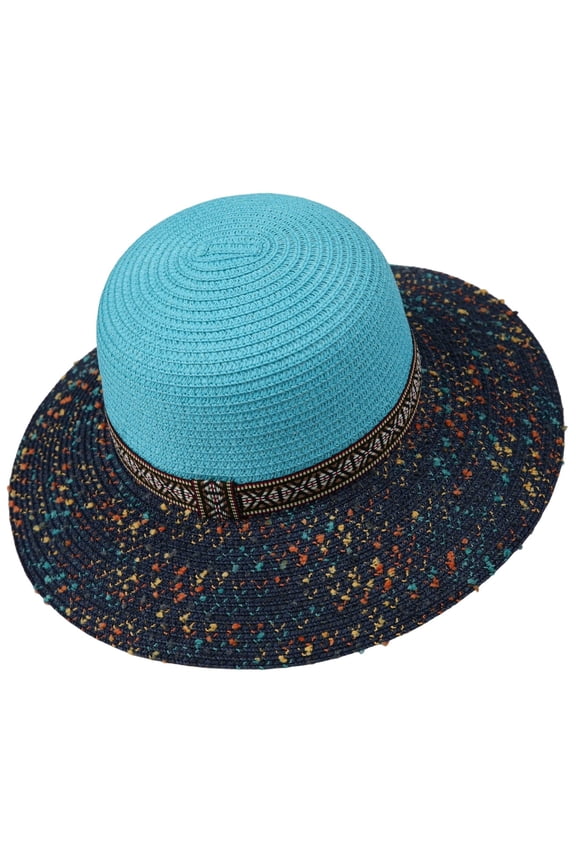 Women’s Color Speckled Mixed Weave Wide Brim Straw Hat Ethnic Pattern Band Light Sun Hat for Seaside Travel, Outdoor Camping & Casual Daily Sky Blue