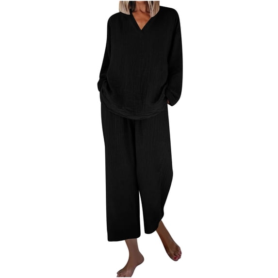 PRINxy Women's Cotton Blend 2 Piece Outfit V Neck Long Sleeve Top and Elastic Waist Pocket Long Pants Spring Fall Daily Set Black L