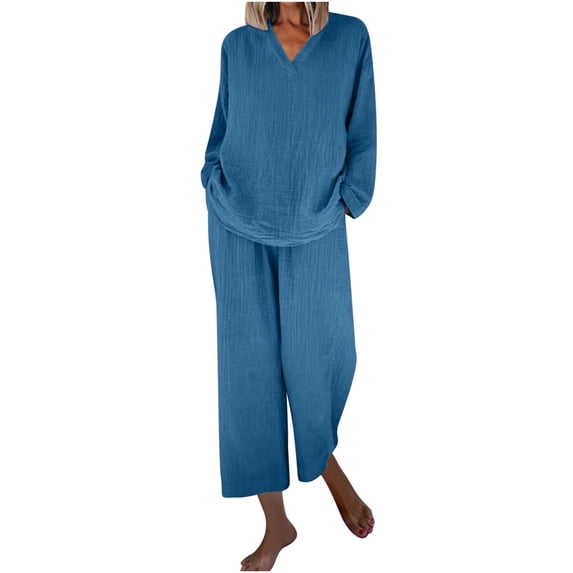 PRINxy Women's Cotton Blend 2 Piece Outfit V Neck Long Sleeve Top and Elastic Waist Pocket Long Pants Spring Fall Daily Set Blue M