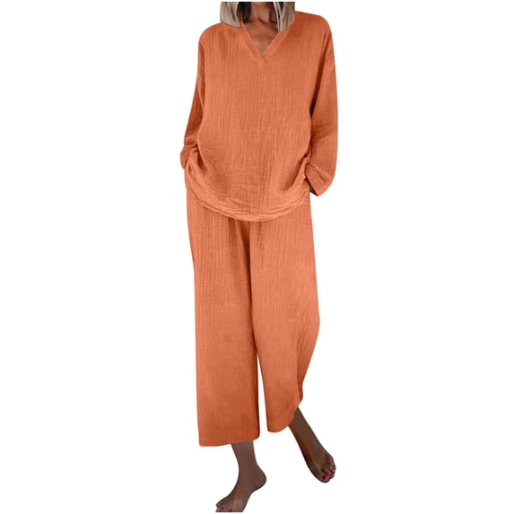 PRINxy Women's Cotton Blend 2 Piece Outfit V Neck Long Sleeve Top and Elastic Waist Pocket Long Pants Spring Fall Daily Set Orange S