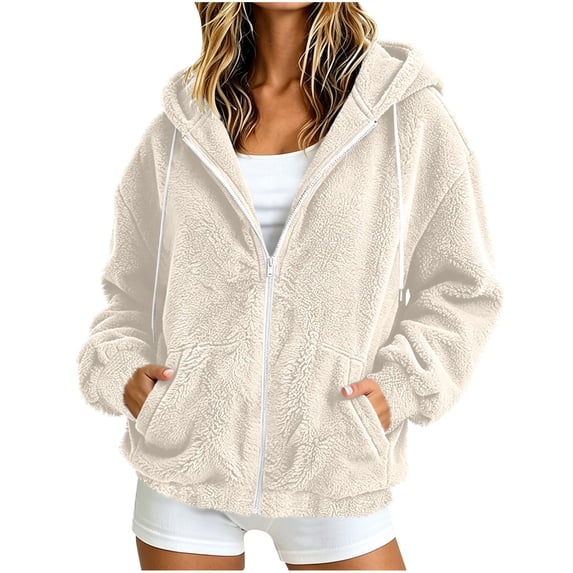 PRINxy Women's Cozy Sherpa Long Sleeve Hooded Full Zip Jacket with Drawstring and Side Pockets for Fall Winter Casual Beige M