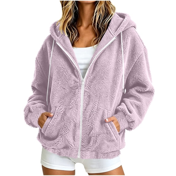 PRINxy Women's Cozy Sherpa Long Sleeve Hooded Full Zip Jacket with Drawstring and Side Pockets for Fall Winter Casual Purple XL