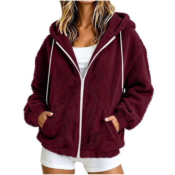 PRINxy Women's Cozy Sherpa Long Sleeve Hooded Full Zip Jacket with Drawstring and Side Pockets for Fall Winter Casual Wine XL