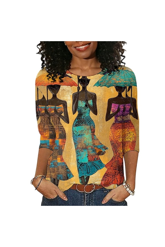 Women's Crew Neck 3/4 Sleeve T Shirt Mustard Yellow Tone African Umbrella Art Print Casual Fashion Top for Daily Wear Vacation Multicolor XL