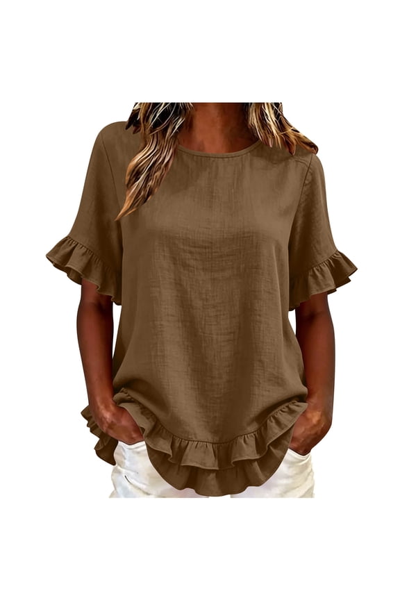 Women's Crew Neck Ruffle Short Sleeve Blouse Midnight Tone Solid Ruffled Hem Casual Loose Top for Daily Wear Summer Vacation Coffee XXL