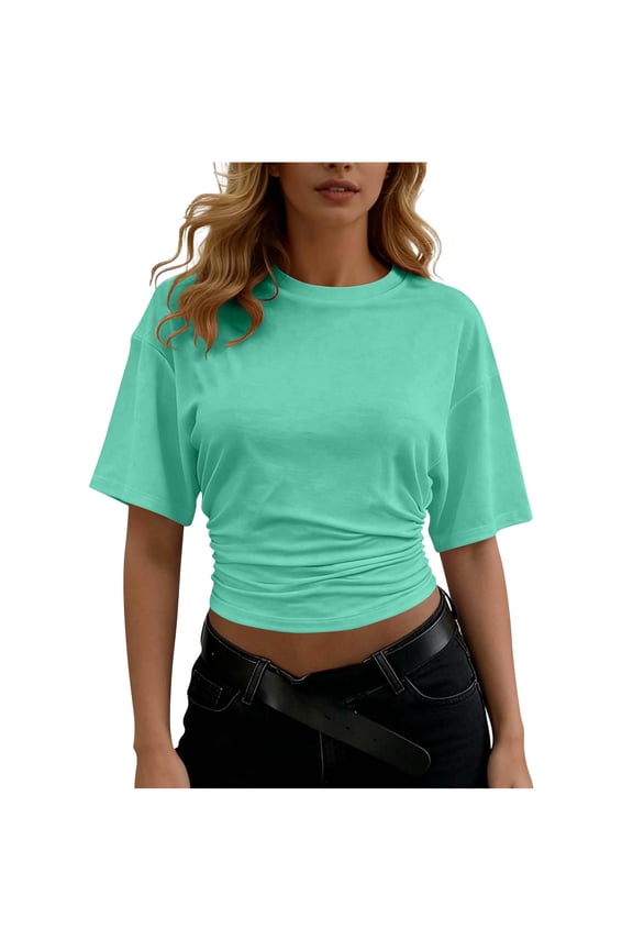 Women's Crew Neck Short Sleeve Ruched Crop Top Midnight Tone Solid Casual Fashion Top for Daily Wear Summer Vacation Beach Mint Green XL