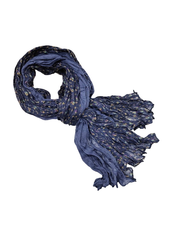 Women’s Crinkled Tiny Floral Print Cotton Linen Scarf, Breathable Light Shawl Wrap For Beach Vacations Casual Daily Styling Blue