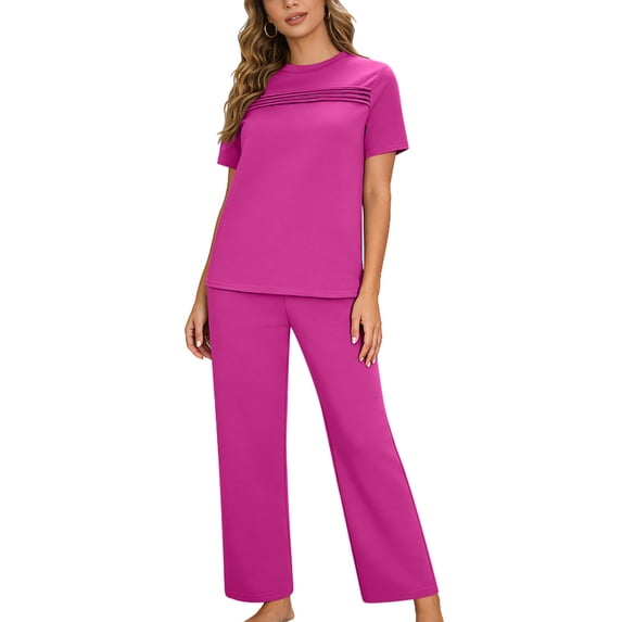 PRINxy Women's Daily Athletic 2 Piece Outfit Pleated Short Sleeve Top and Drawstring Pocket Pants Solid Leisure Sportswear Hot Pink L