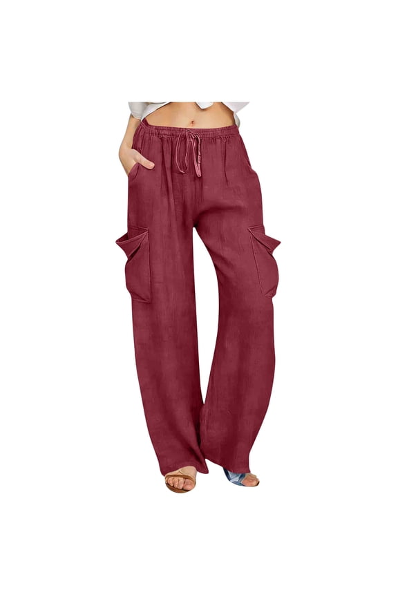 Women’s Elastic Waist Drawstring Cargo Pants, Practical Casual Wide Leg Trousers with 3D patch pockets for outdoor Hot Pink XL