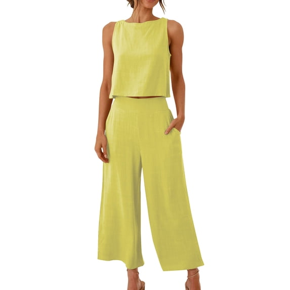 PRINxy Women's Everyday 2 Piece Casual Outfit, Sleeveless Round Neck Crop Top High Waist Wide Leg Pants with Side Pockets Solid Errands Brunch Loungewear Yellow M