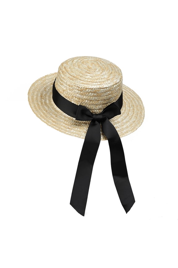 Women’s Flat Crown Wheat Straw Sun Hat, Wide Satin Bow Ribbon Foldable UV Protection Cap for Coastal Getaways & Backyard Strolls Black