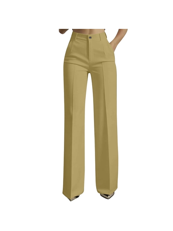 Women’s High Waist Button Front Wide Leg Dress Pants, Tailored Pleated Trousers with flowey refined fit Khaki S