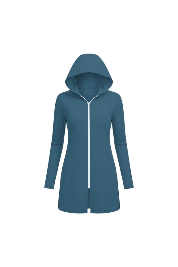Women's Hooded Long Sleeve Full Zip Cover Up Vibrant Fuchsia Tone Solid with Pockets Side Slit Sun Protection Beach Swim Wear Casual Navy XXXL