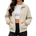thumbnail image 1 of PRINxy Women's Lapel Collar Full Zip Contrast Stripe Athletic Jacket With Side Pockets Elastic Trim Outerwear For Fitness Class Khaki XXL, 1 of 9