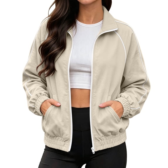 PRINxy Women's Lapel Collar Full Zip Contrast Stripe Athletic Jacket With Side Pockets Elastic Trim Outerwear For Fitness Class Khaki XXL