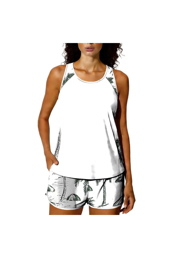 Women's Light Palm Two Piece Sport Tankini Outfit Racerback Top with Pocket Bottom Padded Modest Bathing Suit for Seaside White XXL