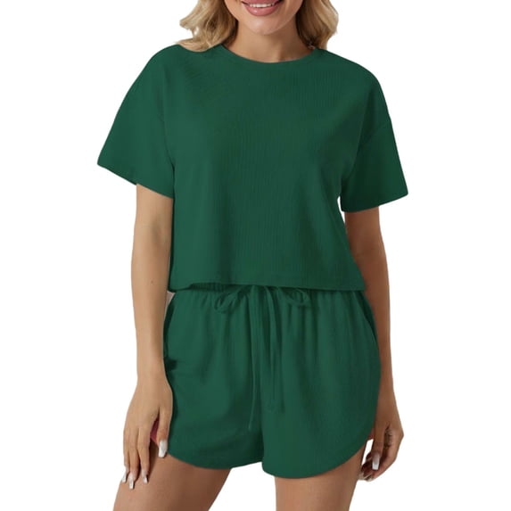 PRINxy Women's Lightweight Pajama Sets 2 Piece Loungewear Comfy Crewneck Short Sleeve Top and Drawstring Elastic Waist Shorts Summer Casual Outfit Army Green L