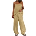 thumbnail image 1 of PRINxy Women's Linen Blend 2 Piece Outfit, Adjustable Spaghetti Strap Camisole Loose Wide Leg Pants Casual Summer Beach Vacation Set Khaki XXL, 1 of 6