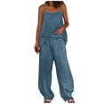 thumbnail image 1 of PRINxy Women's Linen Blend 2 Piece Outfit, Adjustable Spaghetti Strap Camisole Loose Wide Leg Pants Casual Summer Beach Vacation Set Light Blue M, 1 of 6