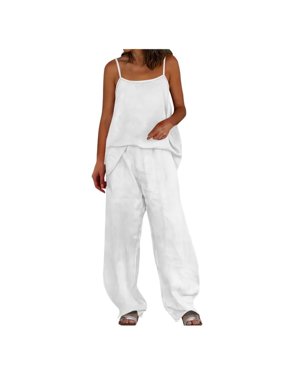 Women's Linen Blend 2 Piece Outfit, Adjustable Spaghetti Strap Camisole Loose Wide Leg Pants Casual Summer Beach Vacation Set White M
