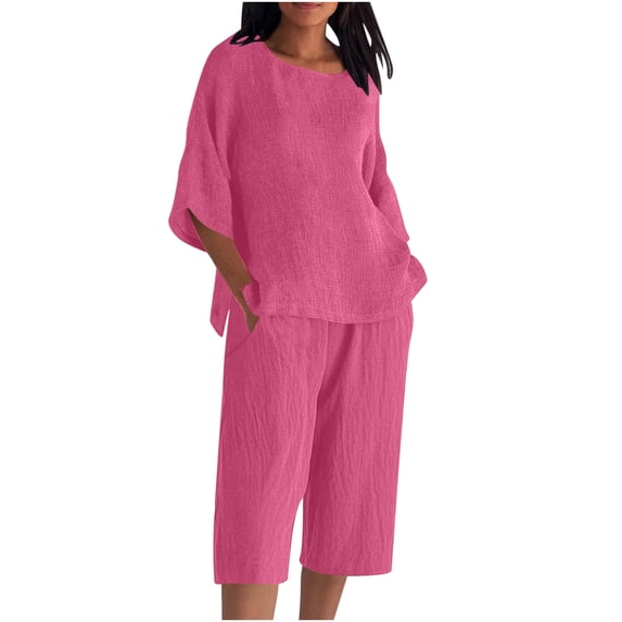PRINxy Women's Linen Blend Summer 2 Piece Set, Solid Round Neck 3/4 Sleeve Top Elastic Waist Cropped Pants Casual Errands Brunch Outfit Hot Pink L