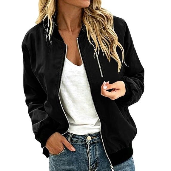 PRINxy Women's Long Sleeve Bomber Collar Full Zip Jacket with Decorative Chest Zip, Side Pockets for Fall Winter Casual Black L