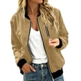 thumbnail image 1 of PRINxy Women's Long Sleeve Bomber Collar Full Zip Jacket with Decorative Chest Zip, Side Pockets for Fall Winter Casual Khaki XL, 1 of 8