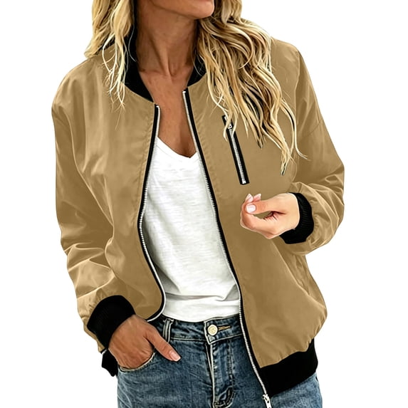 PRINxy Women's Long Sleeve Bomber Collar Full Zip Jacket with Decorative Chest Zip, Side Pockets for Fall Winter Casual Khaki XL
