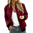 thumbnail image 1 of PRINxy Women's Long Sleeve Bomber Collar Full Zip Jacket with Decorative Chest Zip, Side Pockets for Fall Winter Casual Wine XXL, 1 of 8