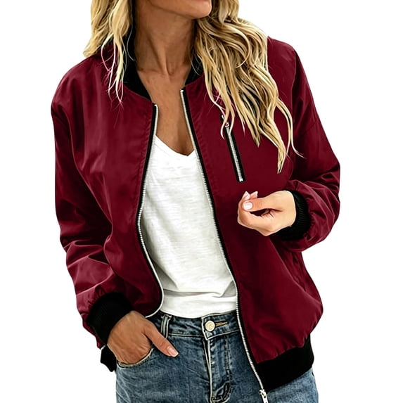 PRINxy Women's Long Sleeve Bomber Collar Full Zip Jacket with Decorative Chest Zip, Side Pockets for Fall Winter Casual Wine XXL
