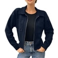 thumbnail image 1 of PRINxy Women's Long Sleeve Notch Lapel Full Zip Cropped Jacket with Faux Suede and Chest Pockets for Fall Winter Casual Navy S, 1 of 7