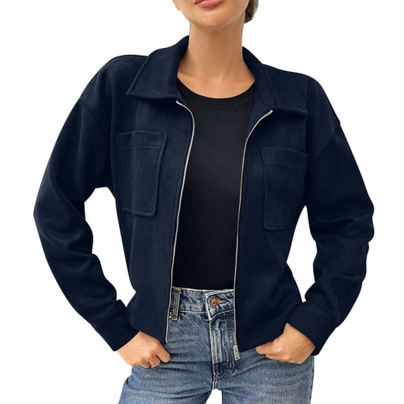 PRINxy Women's Long Sleeve Notch Lapel Full Zip Cropped Jacket with Faux Suede and Chest Pockets for Fall Winter Casual Navy S