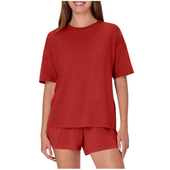 PRINxy Women's Loose Lounge Sets 2 Piece Pajama Sets Short Sleeve Tops with Shorts Lightweight Loungewear for Daily and Night Use Red L
