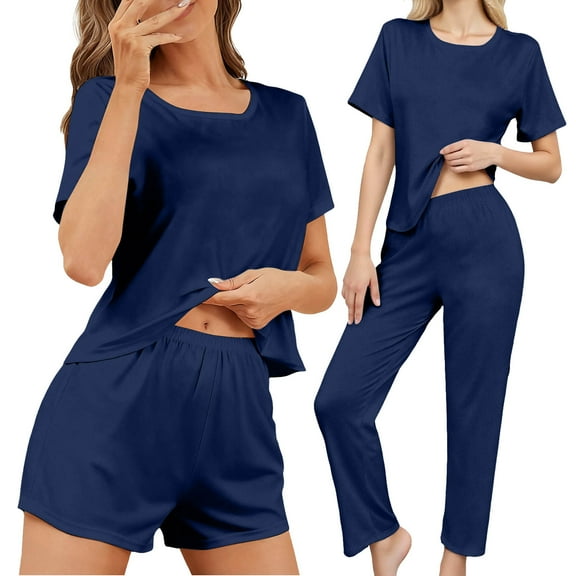 PRINxy Women's Loungewear Set 3 Piece Pajama Sets Short Sleeve Tops Shorts and Long Pants Lightweight Pj Sleepwear Sets for Daily & Night Relaxation Navy S